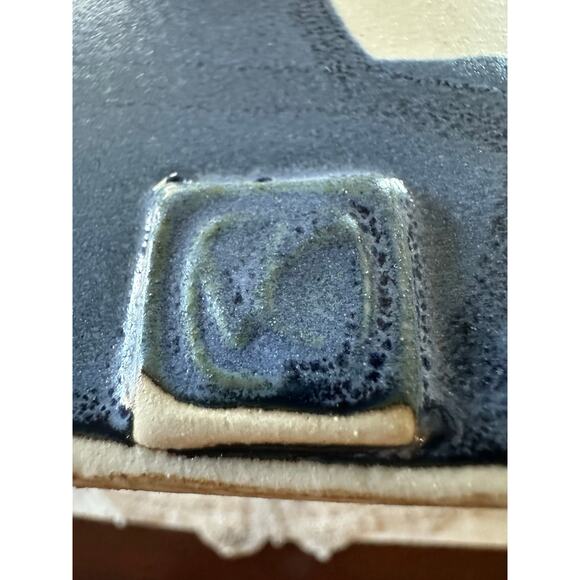 Blue Swirl Vase Rectangle Hand painted signed modern one flower 7x8.5x2.5”Asian - Picture 2 of 16